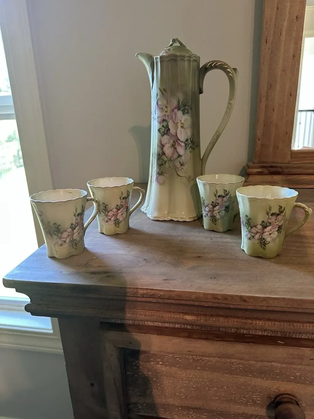 Antique Nippon Hand-Painted Dogwood Chocolate Coffee/Teapot Set with 4 cups